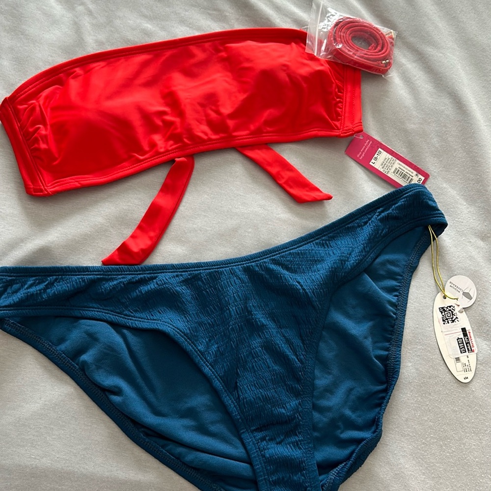 Blue and orange/red bikini